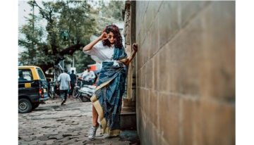 streetstyle ethnic modern saree drape with sneakers